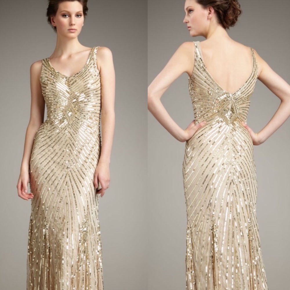 Aidan Mattox Metallic Chevron Sequin sleeveless long gown - Picture 3 of 11